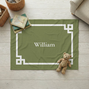 Olijfgroen en Witte Griekse Sleutel Monogram Fleece Deken