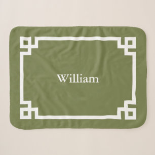 Olijfgroen en Witte Griekse Sleutel Monogram Sherpa Deken