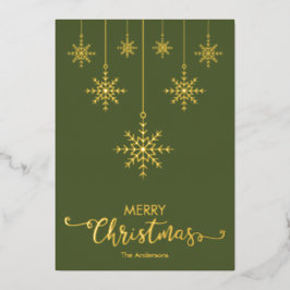 Olijfgroen Merry Christmas Sneeuwvlokken Goud Folie Feestdagenkaart
