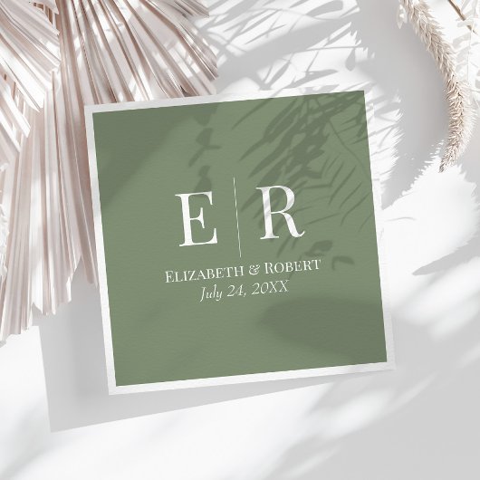 Olijfgroen minimalistisch monogram bruiloft servet