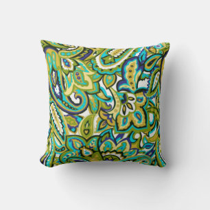 Olijfgroen Mosterdgeel Turquoise Blauw Paisley Kussen