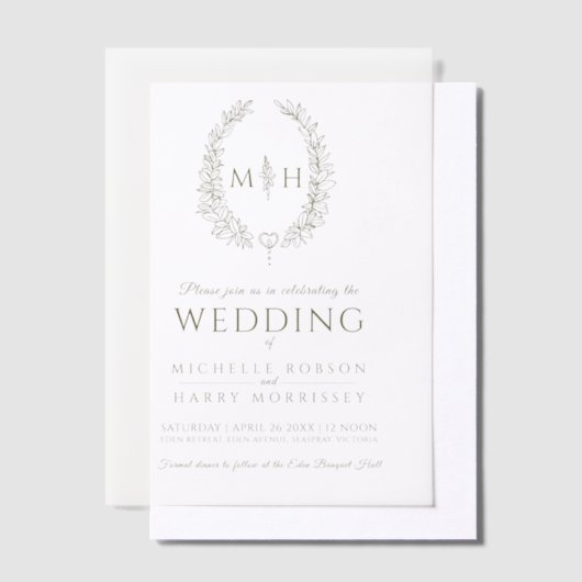 Olijfgroen ovaal monogram bruiloft vellum uitnodigingen (Offset)