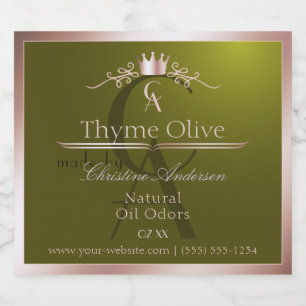 Olijfgroen productlabel Roze Gouden Frame Monogram Likeurfles Etiket