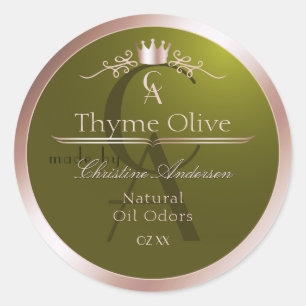 Olijfgroen productlabel roze gouden frame monogram ronde sticker