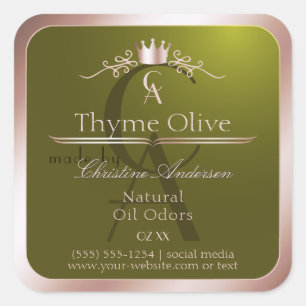 Olijfgroen productlabel Roze Gouden Frame Monogram Vierkante Sticker