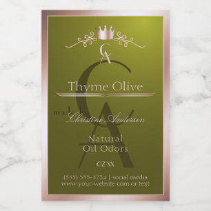 Olijfgroen productlabel Roze Gouden Frame Monogram Voedselcontainer Etiket
