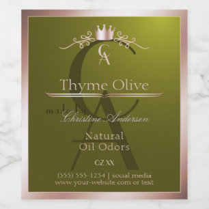 Olijfgroen productlabel roze gouden frame monogram wijn etiket