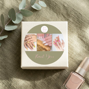 Olijfgroen Roze Logo Foto Nagelsalon Bedankt Ronde Sticker