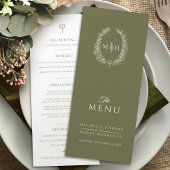 Olijfgroen wit blad ovaal monogram bruiloft menu