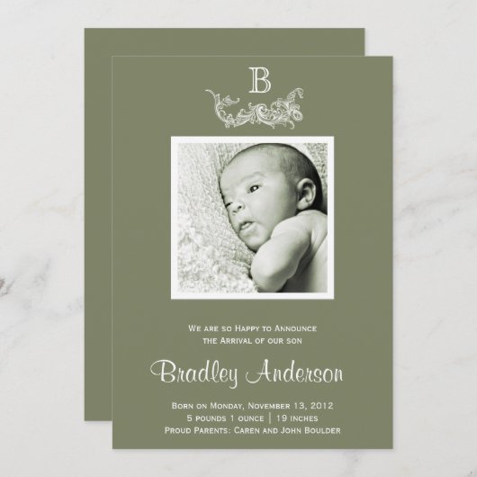 Olijfgroen Wit Lijst Monogram Baby Aankondiging (Voorkant / Achterkant)