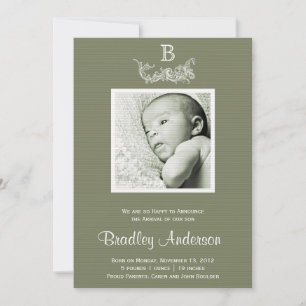 Olijfgroen Wit Lijst Monogram Baby Aankondiging