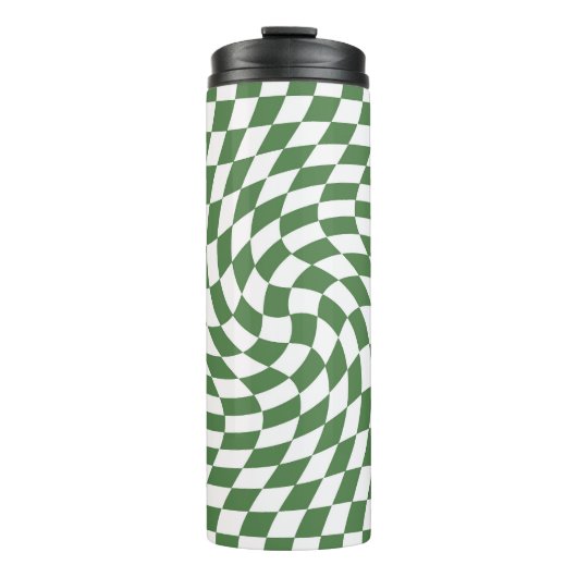 Olijfgroen & wit verwrongen geruite patroon thermosbeker (Voorkant)