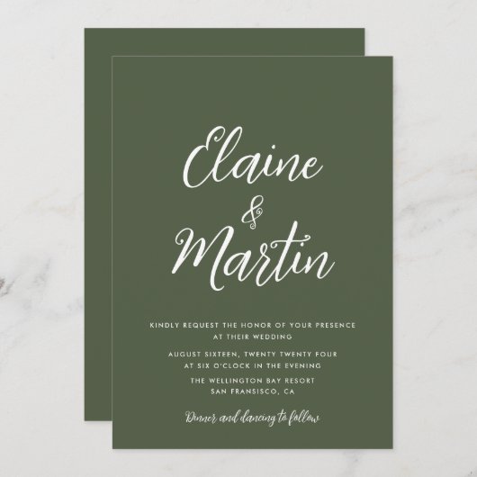 olijfgroen witscript trouwuitnodiging kaart (Voorkant / Achterkant)