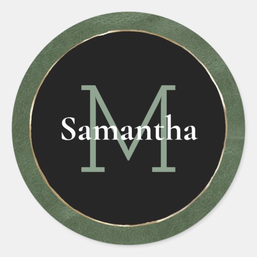 Olijfgroen zwart wit goud monogram ronde sticker (Voorkant)