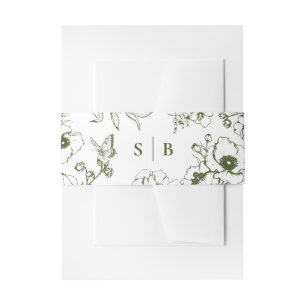 Olijfgroene bloementuin monogram bruiloft uitnodigingen wikkel