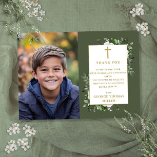 Olijfgroene bloemige foto Eerste Heilige Communie Bedankkaart