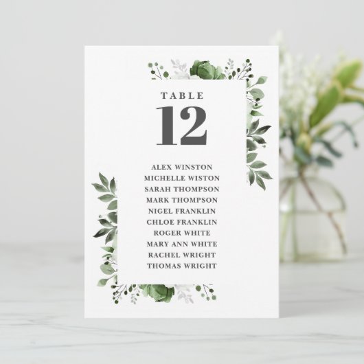Olijfgroene bloemige tafelnummer zitplaatskaart (Staand voorkant)