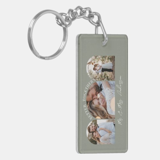 Olijfgroene boog multi-foto bruiloft cadeaudecor sleutelhanger (Voorkant Links)