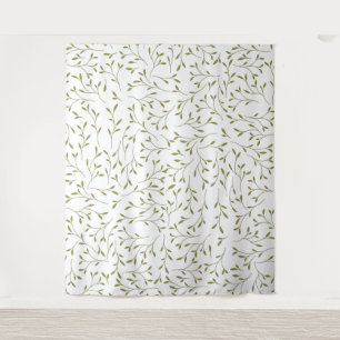 Olijfgroene botanische wijnstokpatroon op wit wandkleed