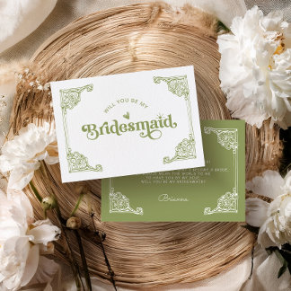 Olijfgroene bruidsmeisje-voorstelkaart vintage bedankkaart