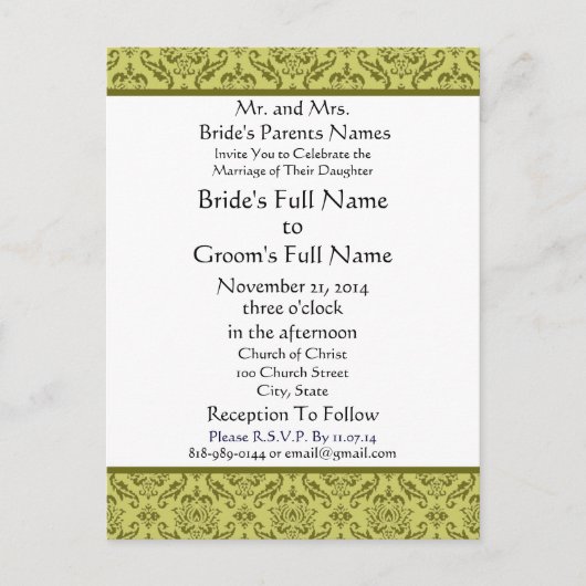 Olijfgroene damast op witte bruiloft uitnodiging (Voorkant)