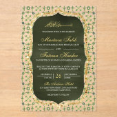 Olijfgroene en gouden Marokkaanse tegel Islamitisc Acryl Uitnodigingen (Voorkant)