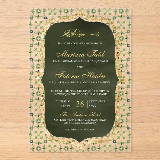 Olijfgroene en gouden Marokkaanse tegel Islamitisc Acryl Uitnodigingen (Voorkant)