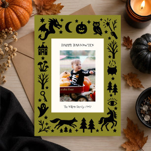 Olijfgroene Folk Art Halloween Gepersonaliseerd Feestdagenkaart