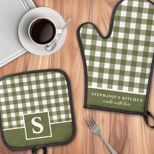 Olijfgroene geruite geruit geblokt monogram gebord ovenwant & pannenlap set