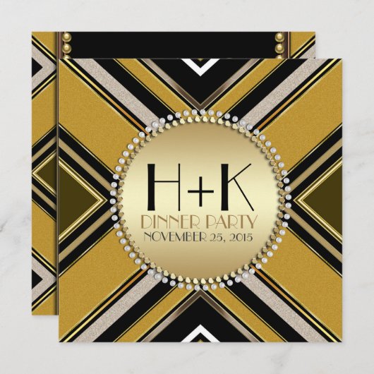 Olijfgroene gouden Art Deco uitnodiging voor diner (Voorkant / Achterkant)