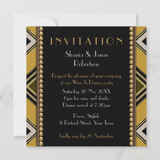 Olijfgroene gouden Art Deco uitnodiging voor diner (Achterkant)