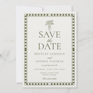 Olijfgroene Harlekijn Geruite Save the Date Kaart