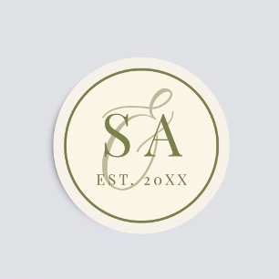 Olijfgroene ivoor monogram oude geld bruiloft ronde sticker