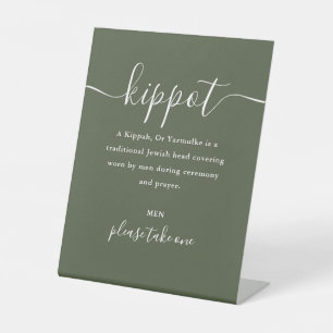Olijfgroene Joodse Trouwkippot Script Yarmulke Reclamebord Met Voetstuk