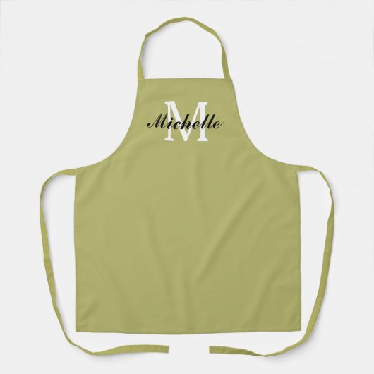 Olijfgroene keuken schort met aangepaste monogram (Voorkant)