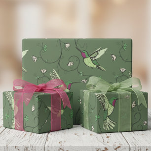 Olijfgroene Klaver Wingerd Kolibrie Patroon Cadeaupapier