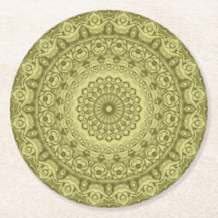 Olijfgroene Mandala Patroon Ontwerp Ronde Kartonnen Onderzetter
