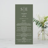 Olijfgroene Monogram Huwelijksdiner Menu (Staand voorkant)