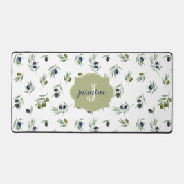 Olijfgroene Monogram Naam Watercolor Chic Patroon Bureaumat