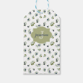 Olijfgroene Monogram Naam Watercolor Chic Patroon Cadeaulabel