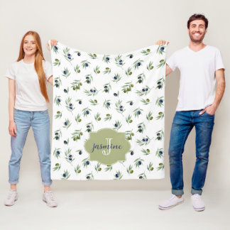 Olijfgroene Monogram Naam Watercolor Chic Patroon Fleece Deken