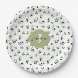 Olijfgroene Monogram Naam Watercolor Chic Patroon Papieren Bordje