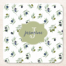 Olijfgroene Monogram Naam Watercolor Chic Patroon Vierkante Kartonnen Onderzetter