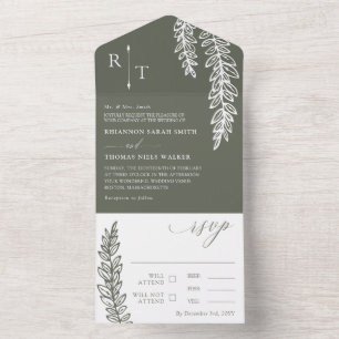 Olijfgroene Monogram Uitnodiging voor Trouwfeest