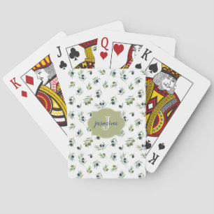 Olijfgroene Monogramnaam Watercolor Chic Patroon Pokerkaarten