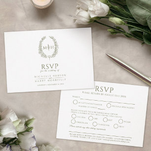 Olijfgroene ovaal blad monogram maaltijd RSVP brui Kaartje