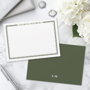 Olijfgroene Rand Minimalistische Naam Monogram Notitiekaartje