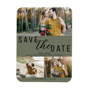 Olijfgroene Save the Date Huwelijk 3 Foto's Magneet