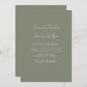 Olijfgroene uitnodigingen bruiloft ingetogen scrip (Voorkant / Achterkant)
