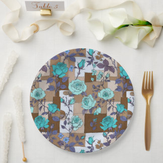 Olijfgroene vierkanten en Blauwgroen Rozen kleurbl Papieren Bordje
